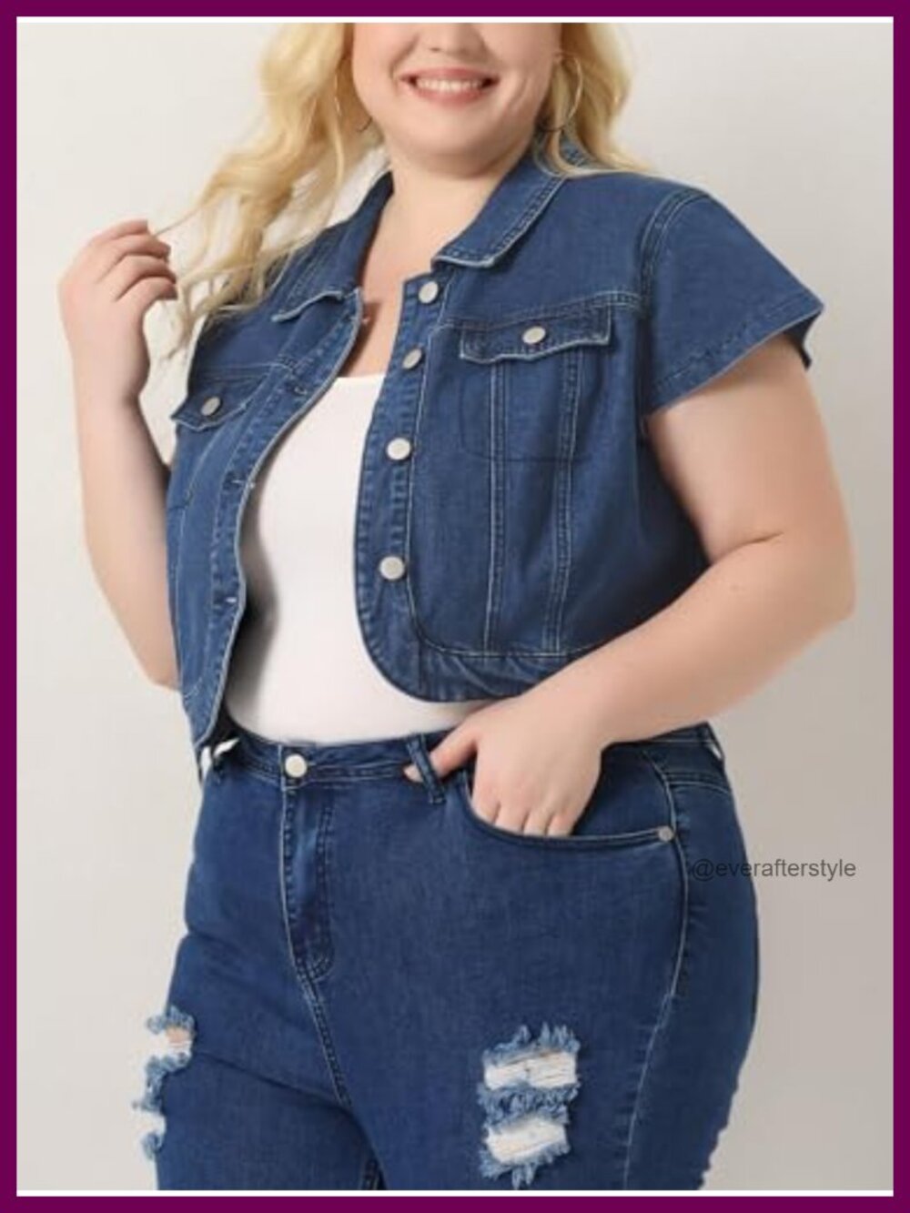Plus Size Cropped Denim Jacket Button Down Y2K Streetwear Short Sleeve - Picture 5 of 6